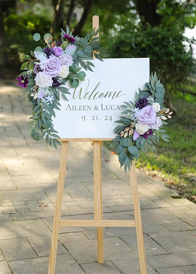 Artificial Lilac Wedding Arch Flowers Swags Set of 2 for Wedding Welcome Signs Floral and Reception Ceremony Decorations, Purple Wedding Flowers
