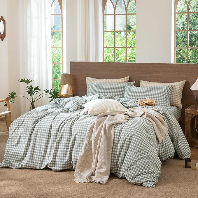 MooMee Gingham Duvet Cover Set 100% Washed Cotton Linen Like Textured Breathable Durable Soft Comfy Modern Checkered Design (Sage Green Gingham, Queen 90"x90")