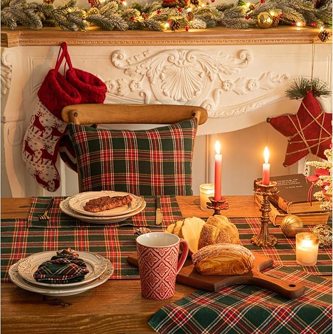 Green Red Plaid Christmas Table Runner, Winter Holiday Table Runners 72 inches Long, Xmas Decorations Indoor Outdoor Farmhouse Home Kitchen Dining Party Decor