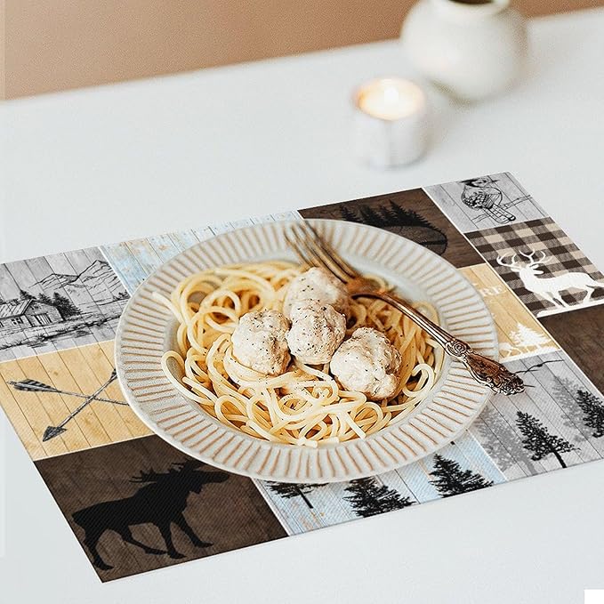 Rustic Lodge Bear Deer Placemats 6 Pcs,Vintage Cabin Pine Cone Plaid Place Mats,Linen Dining Table Mats Home Kitchen Decor, 18 X 12 Inch 6 PCS, Style-22