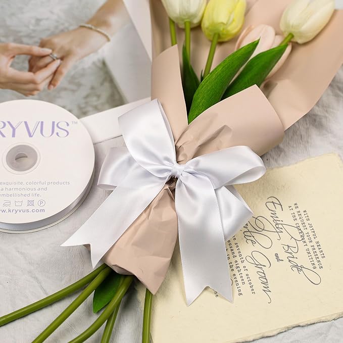 White Satin Ribbon, Double Faced White Ribbon 1-1/2 Inch X 50 Yards Premium Satin Ribbons for Gift Wrapping, Crafts, Hair Bow Making, Sewing, Flower Bouquet, Wedding Party Decor