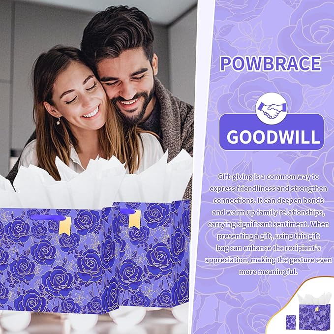 Bloomwords 13" Mother’s Day Gift Bags with Card Tissue(Rose Flower) - Birthdays, Valentine’s, Weddings, Anniversaries, Kit includes Card and Tissue Paper (Purple, 1 Piece)