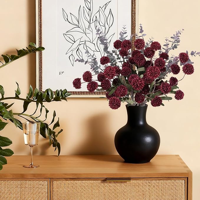 Burgundy Pompon Mum Artificial Flowers with Eucalyptus – 10 Bundles Fake Silk Flowers for Vase , 21’’ Long Stems for Christmas Table Centerpieces, Winter Floral Arrangements & Rustic Home Décor