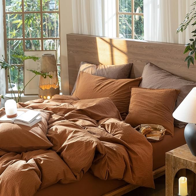 MooMee Wavy Striped Duvet Cover Set 100% Washed Cotton Linen Like Textured Breathable Durable Soft Comfy (Dark Orange, Oversized Queen 98"x98")