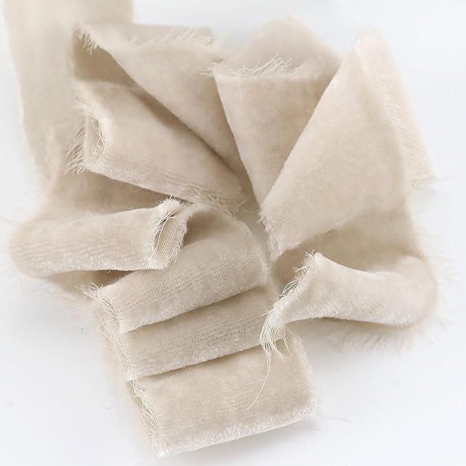 Taupe Velvet Ribbon 1.5 Inch Frayed Silk Velvet Ribbon Rustic Christmas Velvet for Gift Wrapping, Raw Edge Boho, Wedding Invitation Bridal Bouquet -3yards