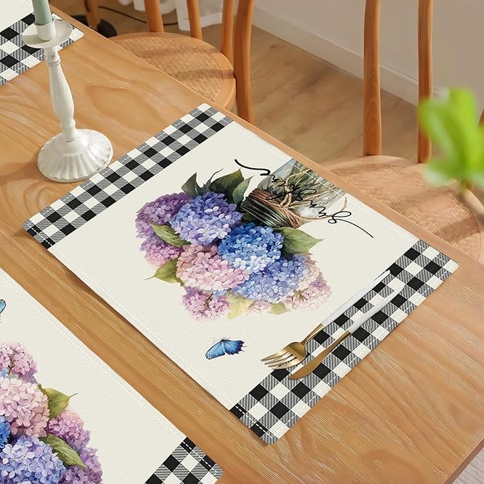 Farmhouse Hydrangea Placemats Set of 6, Country Sunshine Flowers Place Mats, Rustic Spring Butterfly Dining Table Mats, Washable Placemats for Kitchen Dining Room 18L'' × 12W''