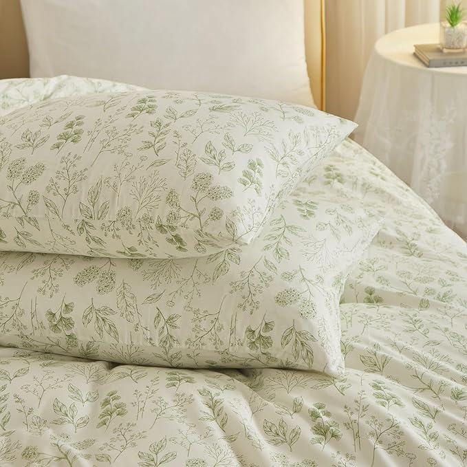 Garden Style Green Floral Comforter Set Queen White Soft Fluffy Microfiber Comforter Chic Floral Printed Bedding Set Vintage Flowers Leaves Botanical Comforter Set All Seasons Queen Comforter Set