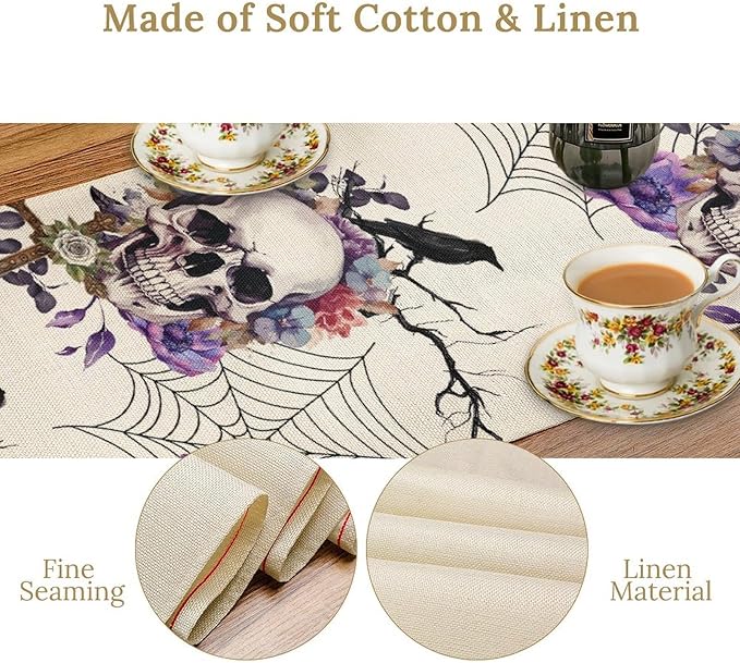 Gothic Floral Table Runner, Retro Dark Skull Spider Web Crow Flower Halloween Witchy Coffee Table Center Decor for Home Kitchen Dining Patio Holiday Party Table Decorations 13x90 inches