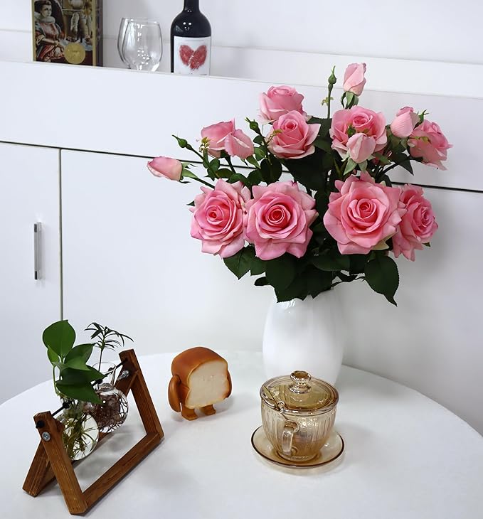 Pink Roses Artificial Flowers Indoor,Realistic Fake Flowers 5 Bouquets (15 Heads) for Living Room Decor,Real Touch Fake Plants for Bathroom Kitchen Office Wedding Centerpiece Table Bridal Shower Decor