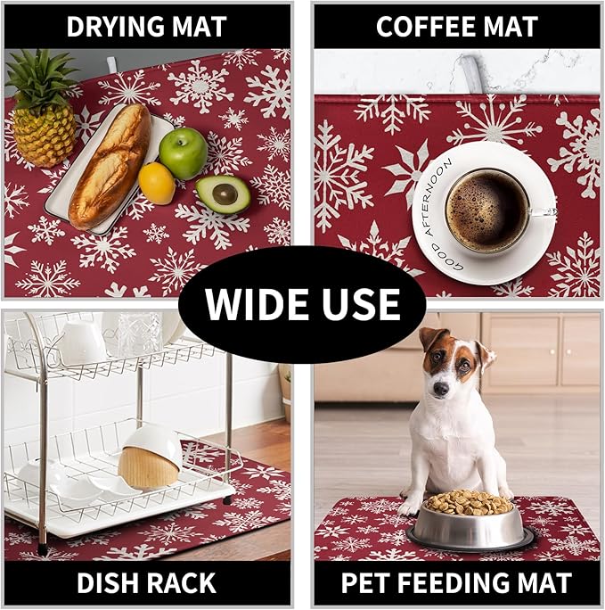 Christmas Snowflakes Dish Drying Mat for Kitchen Counter 18x24 Inch Red White Winter Xmas Pattern Dish Drying Pad for Dishes Microfiber Absorbent Dish Drainer Rack Mats for Countertop