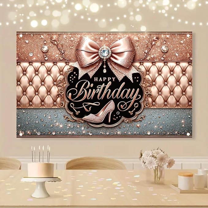 Happy Birthday Backdrop Banner Pink High Heels Birthday Photo Backdrop Photography Background Glitter Diamond Decorations Girl Sweet Party Banner Photo Booth 71 x 43 Inch