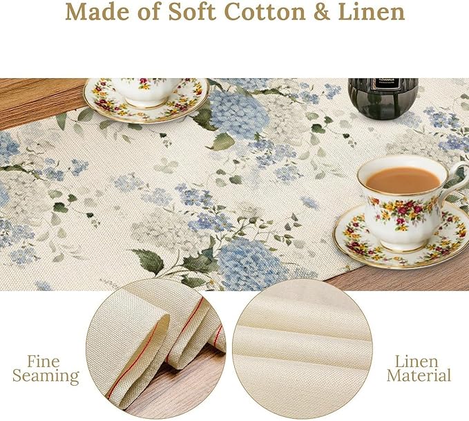 Blue Floral Table Runner, Spring Summer Watercolor Hydrangea Flower Butterfly Country Farmhouse Coffee Table Center Decor for Home Kitchen Dining Patio Holiday Party Table Decorations 13x90 inches
