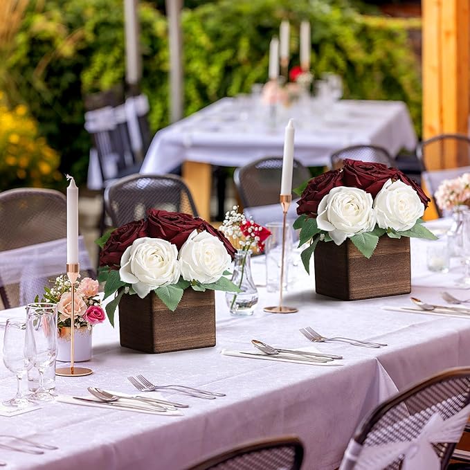Dining Table Centerpiece Set of 6 - Pre-Made Aritifial Rose with Wooden Vase Fake Floral Arrangment Faux Flower for Wedding Bridal Tea Party Event Decorations - Burgundy & White