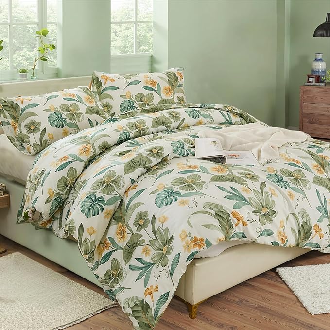 Green Floral Comforter Set King 100% Cotton Garden Style Bedding Flower Leaf Botanical Bed Chic Boho Home Decor