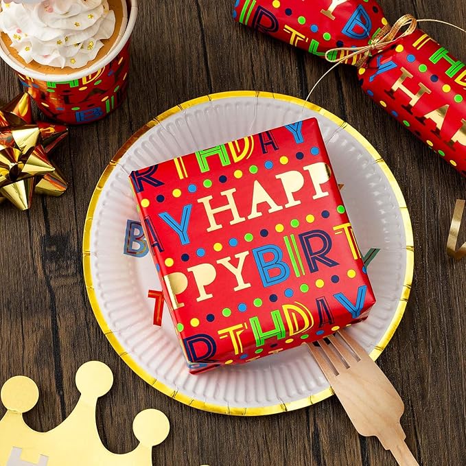 MIMUTI Red Birthday Wrapping Paper - 17 in X 33 ft - Foil Gift Wrap for Kids, Girls, Boys - Colorful Happy Birthday Text Design for Birthdays, Baby Shower, Party