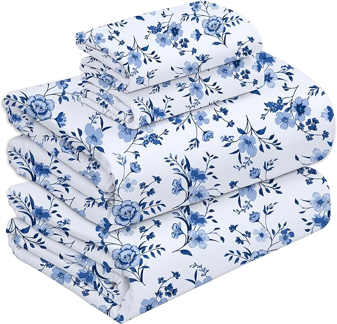 RUVANTI 100% Cotton Full Size Bed Sheets, 4 Pieces, Soft & Breathable Percale Weave Bedding, Deep Pocket 16", Hotel Standard, Crisp Cool Feel, Durable, Perfect Sheet Set Floral, Annual