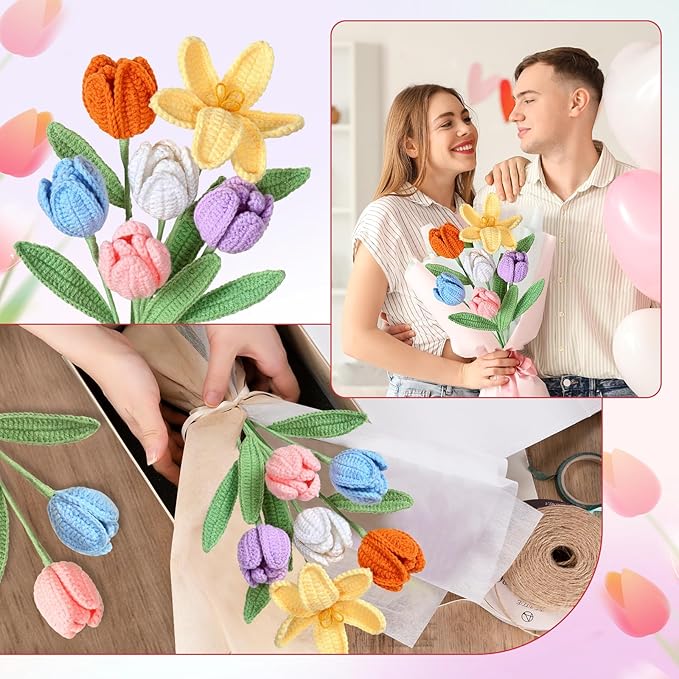 Dremisland Crochet Flowers 6PCS Crochet Tulips Finished Handmade Knitted Flowers Crocheted Bouquets Pastel Floral Gift for Mothers Girls Friends Teacher Gifts for Women,Graduation Flower Home Decor