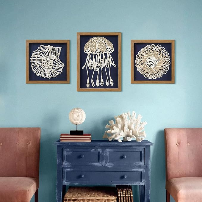 FOLKOR Framed Coastal Wall Art Decor for Living Room Bedroom, 12x16 3D Handmade Rice Paper Jellyfish Wall Hanging Sculpture, Ocean Blue Shadow Box Art for Modern Eclectic Bathroom Dining Room Nursery