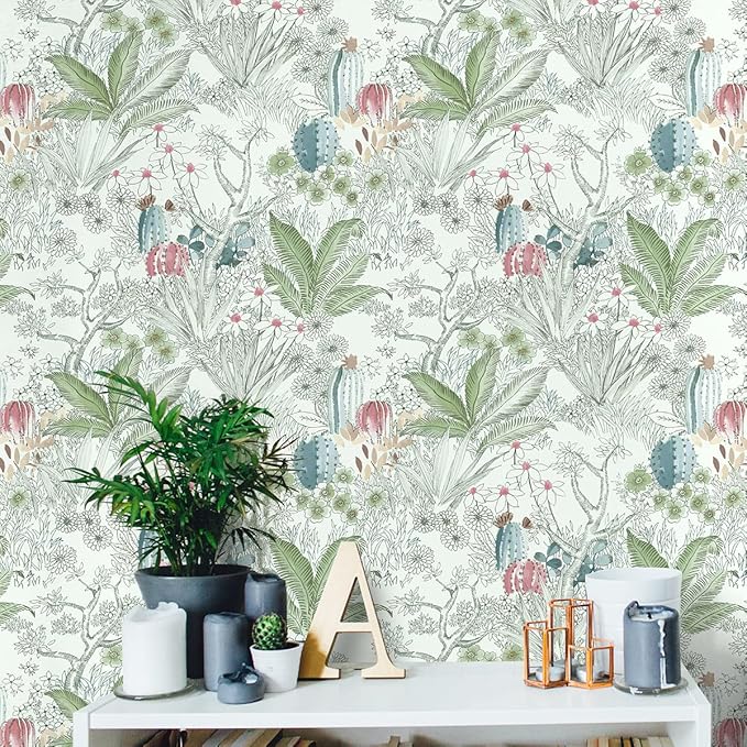 Wudnaye Boho Peel and Stick Wallpaper Catus Wallpaper 17.7" x 393.6"Vintage Floral Wallpapers Peel and Stick Botanical Removable Wall Paper Boho Self Adhesive Contact Paper for Bathroom Cabinets