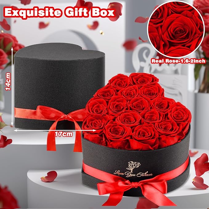 Forever Flowers, 16 Fresh Preserved Rose in Heart Shape Box for Delivery Prime, Eternal Rose for Her Wife Women Anniversary Birthday Red