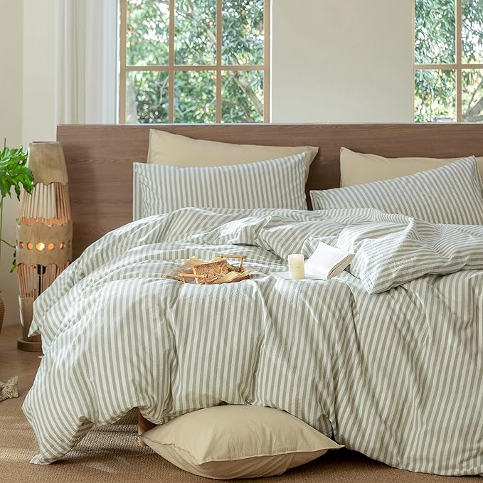 MooMee Striped Duvet Cover Set 100% Washed Cotton Linen Like Textured Breathable Durable Soft Comfy (Sage Green White Classic Stripes, King 104"x90")