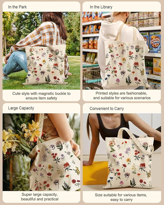 Aesthetic Tote Bag for Women- with Magnetic Buckle and Zipper Inner Pocket Cloth Cotton Canvas Tote Bags