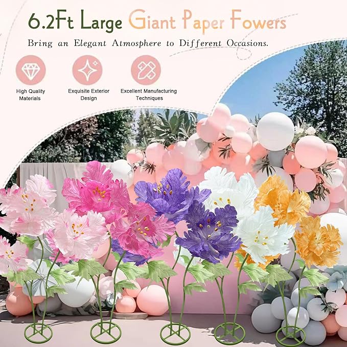 Giant Paper Flowers for Decoration, Big Artificial Flower with Stems and Stands Party Banquet Wedding Reception Stage Photography Props Mall Display Graduation Essential Background Home Decor, Purple