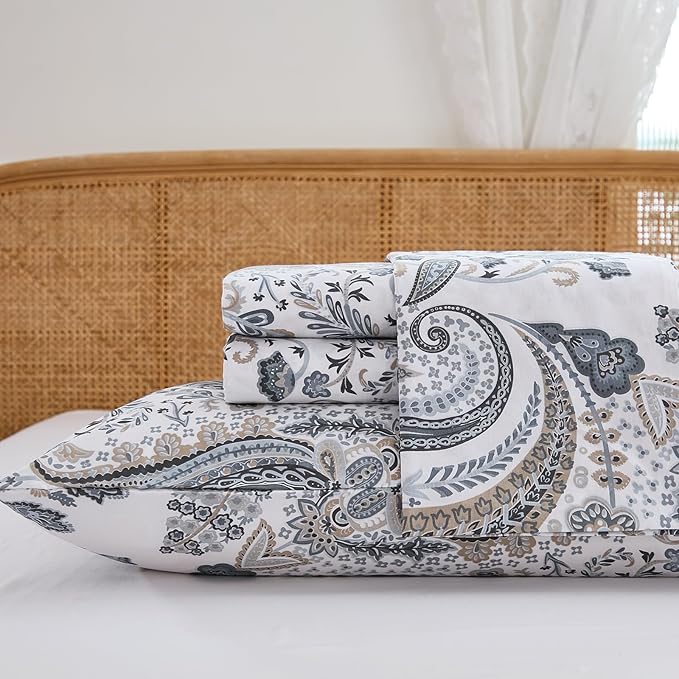 100% Cotton Sheet Set Queen Size – 4-Piece Luxury Grey Paisley Bedding Set, Extra Soft Breathable Percale Weave, Deep Pocket Fitted Sheet 17.5", Crisp Cool Feel Bed Sheet