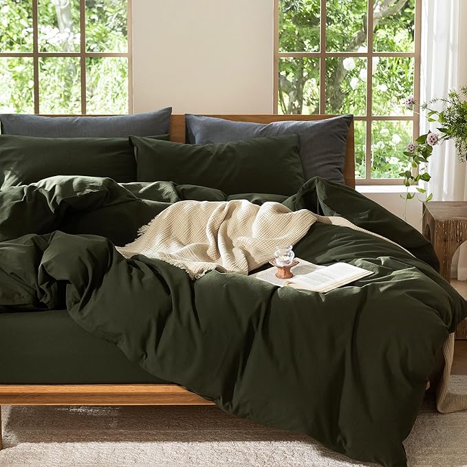 MooMee Bedding Duvet Cover Set 100% Washed Cotton Linen Like Textured Breathable Durable Soft Comfy (Solid Olive Green, Oversized Queen 98"x98")