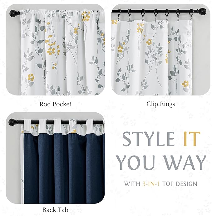 Beauoop Floral 100% Blackout Curtains 96 Inches Long 2 Panels for Bedroom Living Room Yellow Grey and White Flower Patterned Room Darkening Thermal Soundproof Rod Pocket Back Tab Window Drapes, 52X96