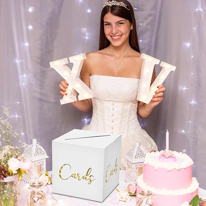 AWSICE Classic Elegant Card Box – 1 Set Hot Stamping Card Receiving Box for Gift Envelope Money – Wedding Bridal Baby Shower Birthday Graduation Party Supplies Decorations (8"*8"*8", Gold)-A05