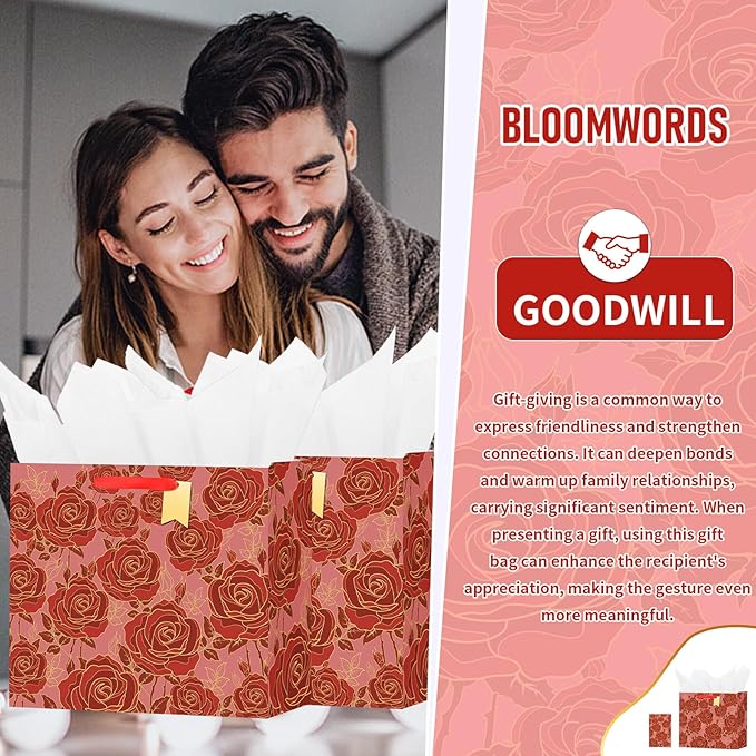 Bloomwords 13" Mother’s Day Gift Bags with Card Tissue(Rose Flower) - Birthdays, Valentine’s, Weddings, Anniversaries, Kit includes Card and Tissue Paper (Red, 1 Piece)