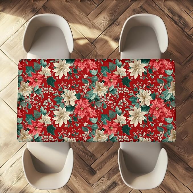 Rectangle Table Cloth Cover Waterproof Elastic Fitted Polyester Fitted Tablecloths for 6 Foot Tables for Indoor,Picnic, Camping, Outdoor (72" x 30",Christmas Flowers)