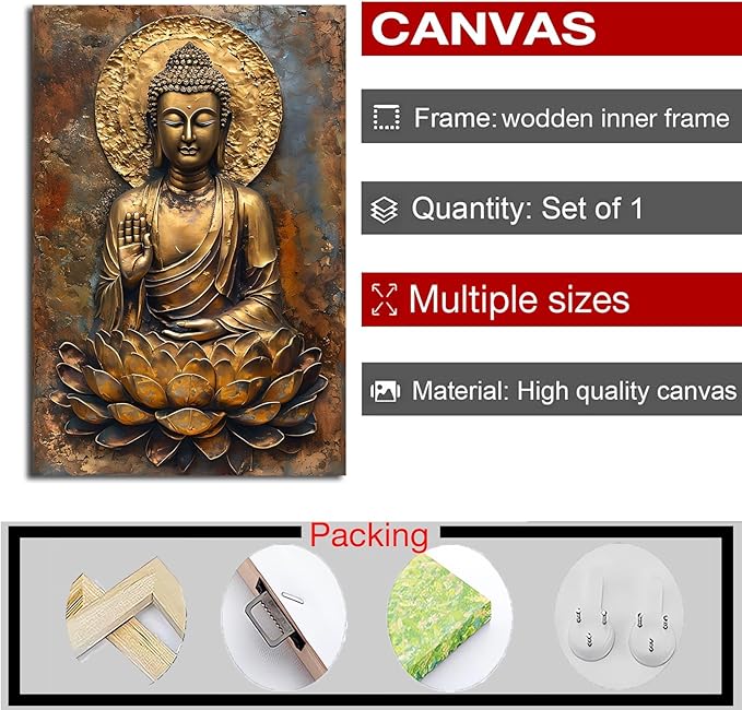 Buddha Wall Art Golden Buddha in Lotus Seat Serene spiritual statue radiant aura Meditation and mindfulness wall art suitable for sacred spaces 12x18in Wood Framed