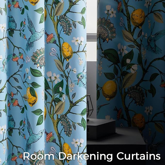 Vintage Floral Curtains 90 Inches Long for Living Room Bedroom Luxury Whimsical Lemon Hummingbird Patterned Waverly Mid Century Colorful Pinch Pleated Blackout Drapes 2 Panels,Light Blue