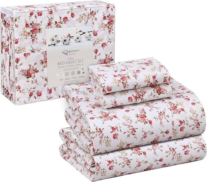 RUVANTI 100% Cotton California King Sheet Sets, 4 Pieces, Soft & Breathable Percale Weave Bedding, Deep Pocket 14", Hotel Standard, Crisp Cool Feel & Durable, Perfect Floral Sheets, Bouquet