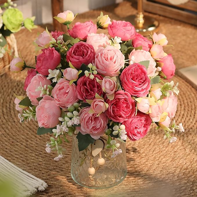 Floweroyal 4 Bunches Peony Artificial Flowers Pink Flowers Silk Peonies Bouquets for Wedding Party Table Centerpieces Floral Arrangement Home Kitchen Decor