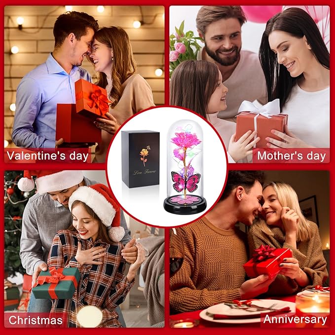 Christmas Rose Gifts for Women Birthday Gift Rechargeable Galaxy Glass Rose Light Up Roses In Glass Dome Forever Crystal Flowers Butterfly Xmas Gifts for Women Wife Grandma Her Sister Friends Pink