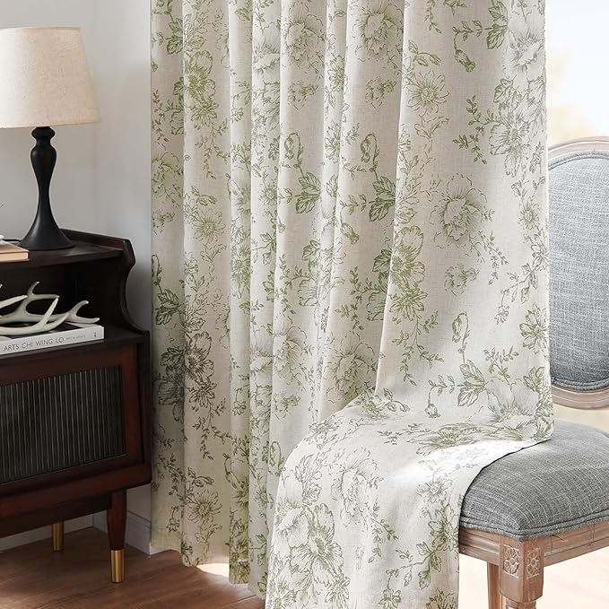 jinachan Blackout Curtains Linen Blend Floral Curtain for Living Room 90 Inch Length Christmas Sage Green Flower Printed with Lined Blackout Drapes for Bedroom Farmhouse Curtains Set 2 Panels