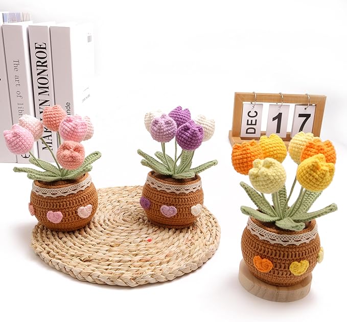 Crocheted Tulip Bouquets, Artificial Tulip Hand-Woven Flowers Suitable for Home, Office Decorations and Birthday Gifts for Family and Friends Anniversary (6 Flowers-Pink)