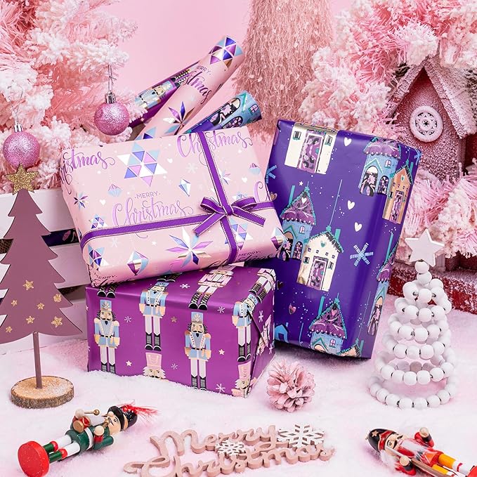 WRAPAHOLIC Christmas Wrapping Paper Roll - Mini Roll - 3 Rolls - 17 Inch X 120 Inch Per Roll - Pink and Purple Nutcracker, House Holiday Collection with Metallic Foil Shine