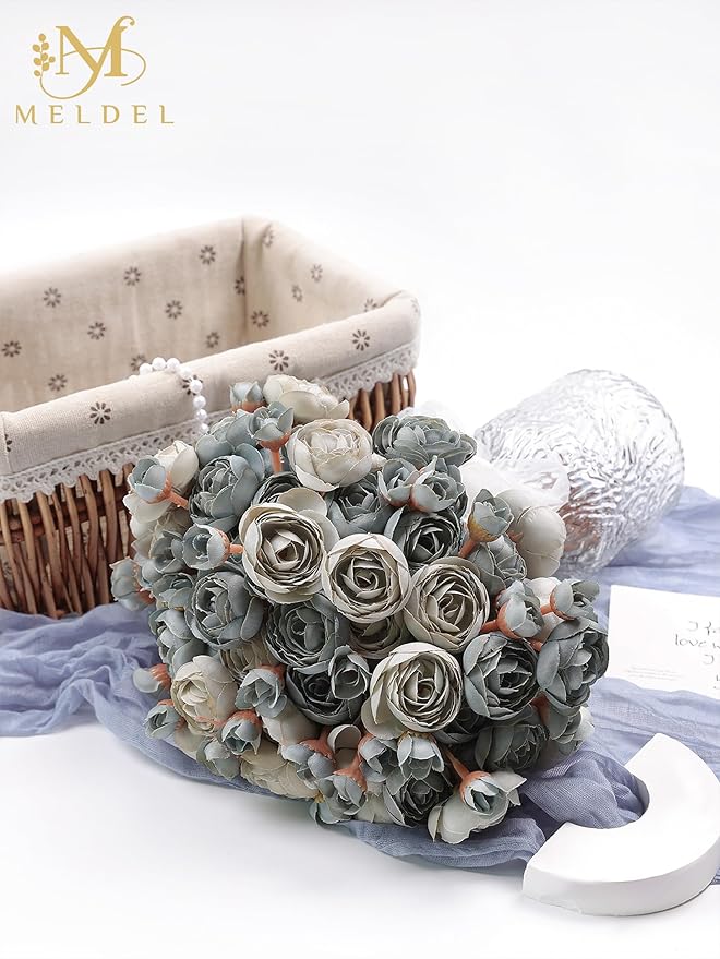 Meldel 32Pcs Ranunculus Artificial Flower, Dusty Blue Mini Rose Faux Ranunculus Flowers for DIY Bouquet, Bulk Fake Peony Wedding Filler Flowers for Centerpieces Arrangements Bridal Shower Decorations