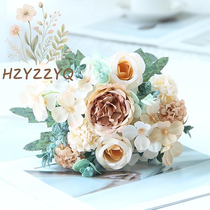 8 Pack Artificial Peony Flowers, Silk Peonies Flowers Fake Peonies Artificial Flowers Peonies Hydrangea Bouquet for Centerpiece Table Wedding Party Home Decor (8, Champagne + Yellow)