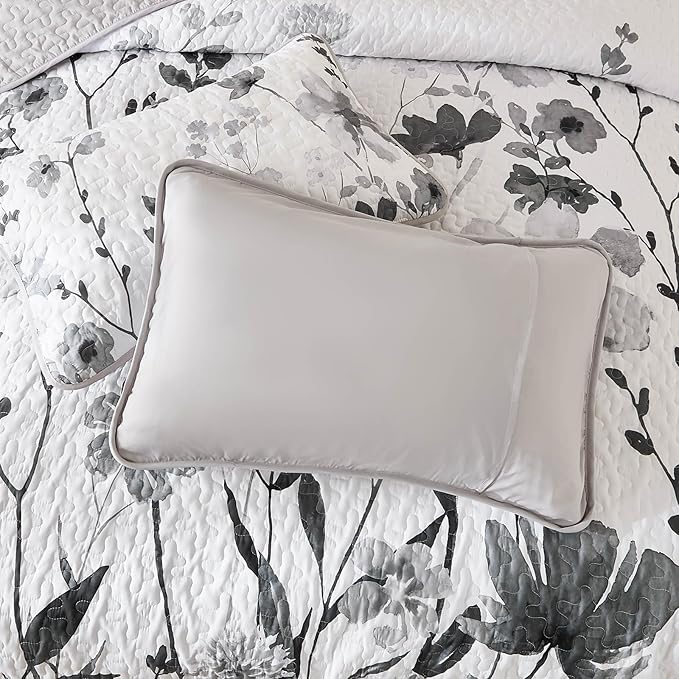 Anibedding Grey Quilt Set King, Floral Bedspread Soft Microfiber Lightweight King Size Quilt Bedding Sets Flower Coverlet for All Season(104"x90")