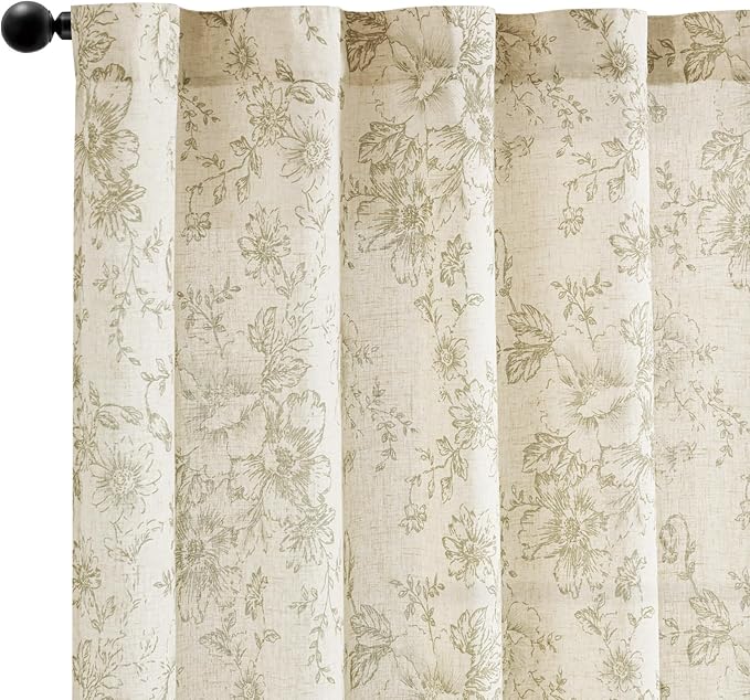 jinachan Linen Blend Floral Curtains for Living Room 54 Inch Length Christmas Sage Green Printed Curtain Rod Pocket Back Tab Farmhouse Peony Flower Patterned Drapes Bedroom Curtains Set 2 Panels