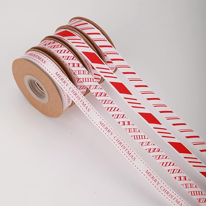 4 Rolls Total 40 Yards Red Striped Ribbon 3/8 Inch Christmas Candy Cane Ribbons Use for Christmas Gift Wrapping, Party Decoration,All Crafting and Sewing (3/8inch, red)