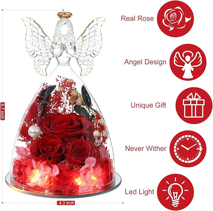 Christmas Rose Gifts for Women Preserved Real Flower in Glass Angel Figurines Roses for Delivery Prime Birthday Gifts for Mom Grandma Girlfriend Wife Her, Red Austin Roses