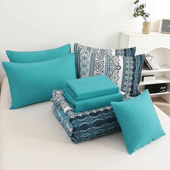 Cottolester Boho King Size Comforter Set 8 Pieces, Teal Comforter Bohemian Striped Bed in A Bag, Soft Microfiber Bedding Set for All Seasons