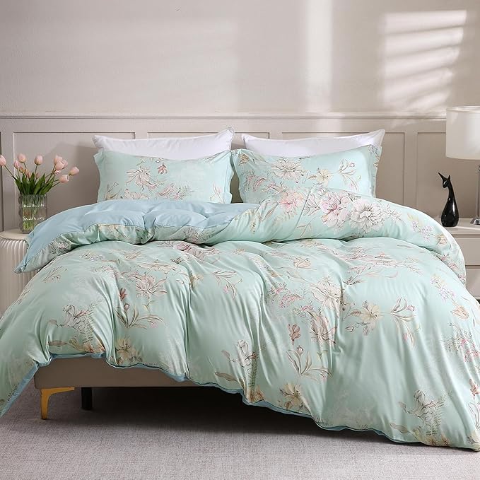 LONAVA Queen Flower 3 Pcs Duvet Cover Set, Breathable Soft Microfiber Light Blue Lining Comforter Cover with Zipper Closure, and 2 Anti-Pilling, Fade Resistant Pillowcases, Mint Flower