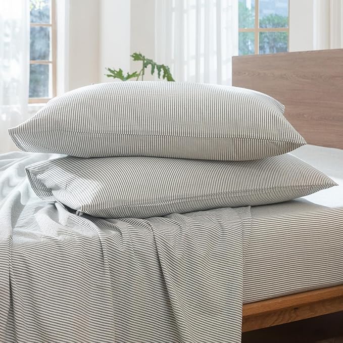 MooMee Striped Duvet Cover Set 100% Washed Cotton Linen Like Textured Breathable Durable Soft Comfy (Heathered Green Pinstripes, Twin 68"x90")